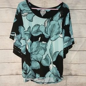 JM COLLECTION Black Teal Floral Blouse LARGE, Rhinestone Bodice, Dolman Sleeves